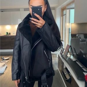 Leather Moto Biker Jacket with Teddy lining